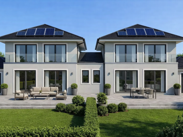 Vue extérieure de la villa neuve avec jardin privatif à Commugny, projet Les Crêts de Commugny