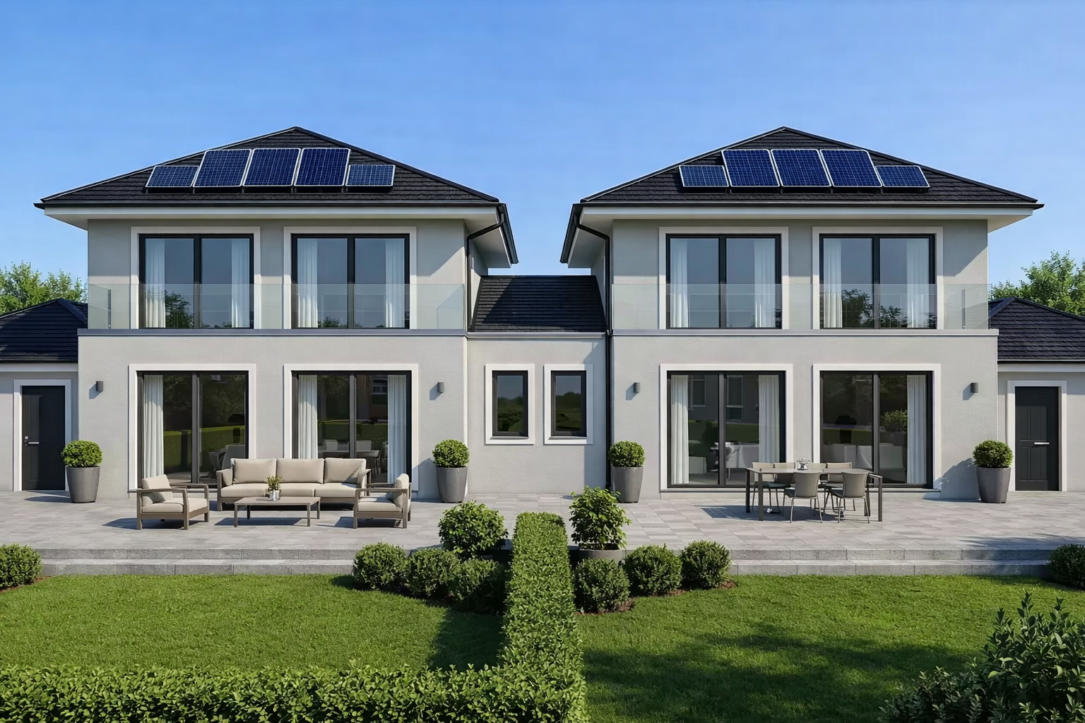 Vue extérieure de la villa neuve avec jardin privatif à Commugny, projet Les Crêts de Commugny