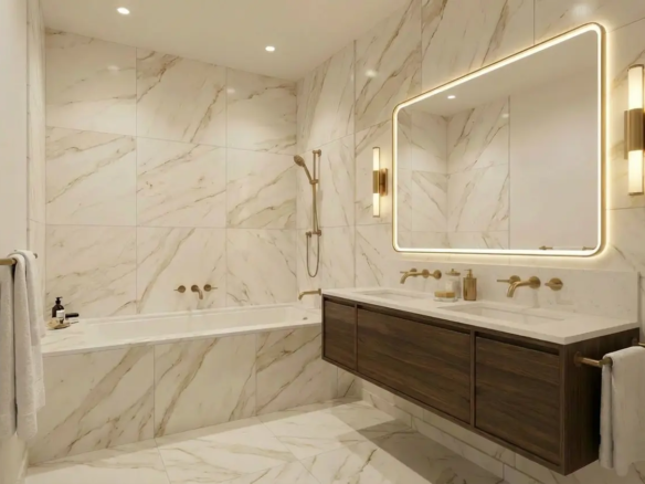 Salle de bains avec baignoire dans une villa neuve de standing à Commugny