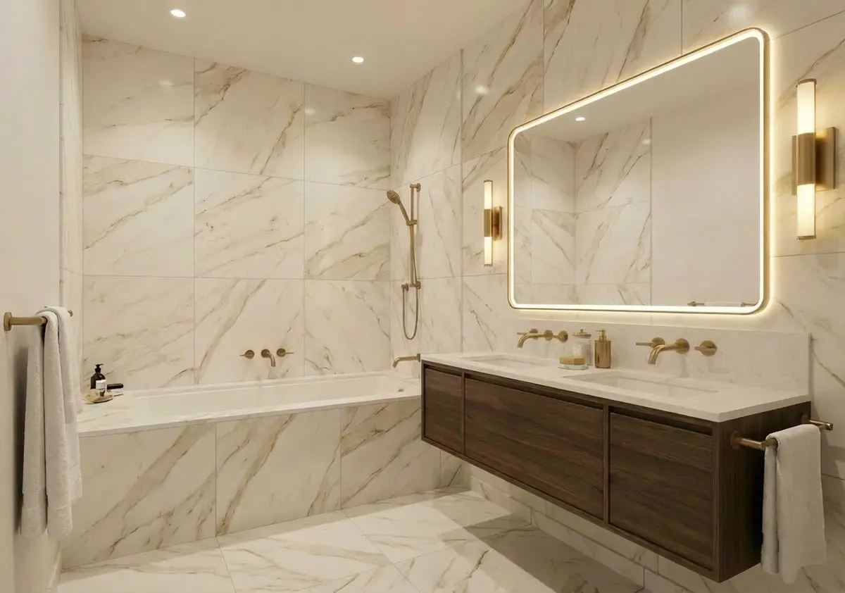 Salle de bains avec baignoire dans une villa neuve de standing à Commugny