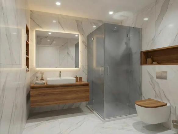 Salle de douche contemporaine avec WC dans une villa neuve à Commugny