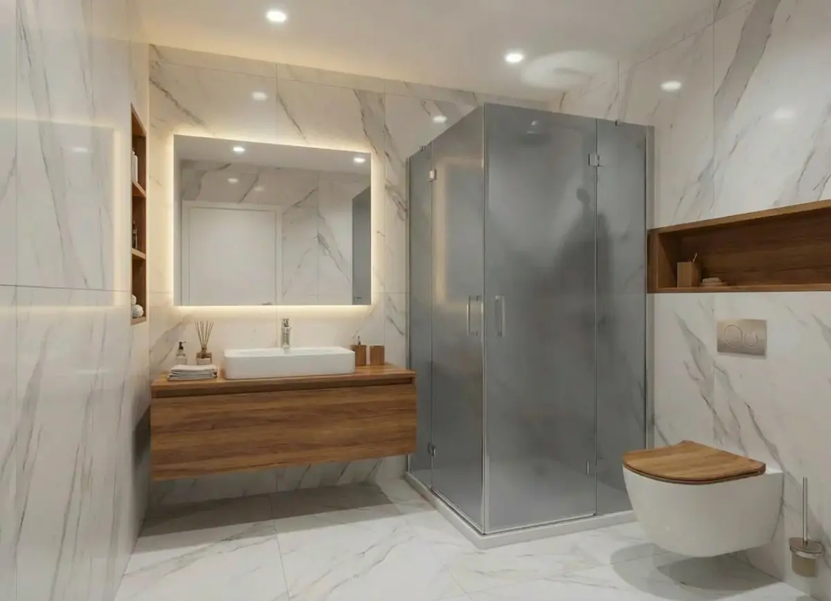Salle de douche contemporaine avec WC dans une villa neuve à Commugny