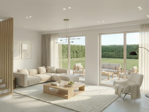 Vaste séjour lumineux avec accès à la terrasse et au jardin dans une villa neuve à Commugny