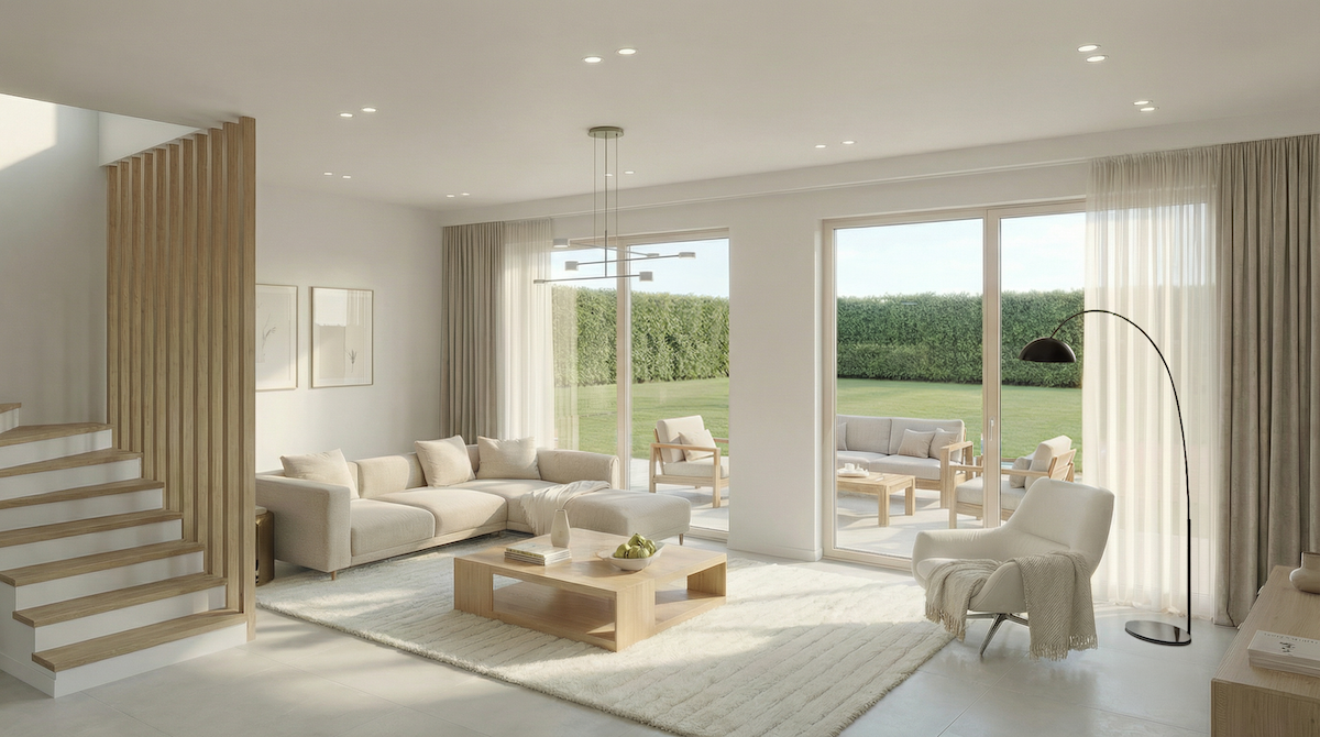 Vaste séjour lumineux avec accès à la terrasse et au jardin dans une villa neuve à Commugny