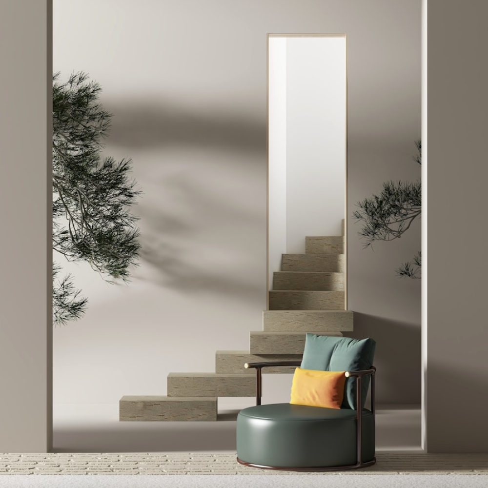 brown wooden framed orange padded armchair